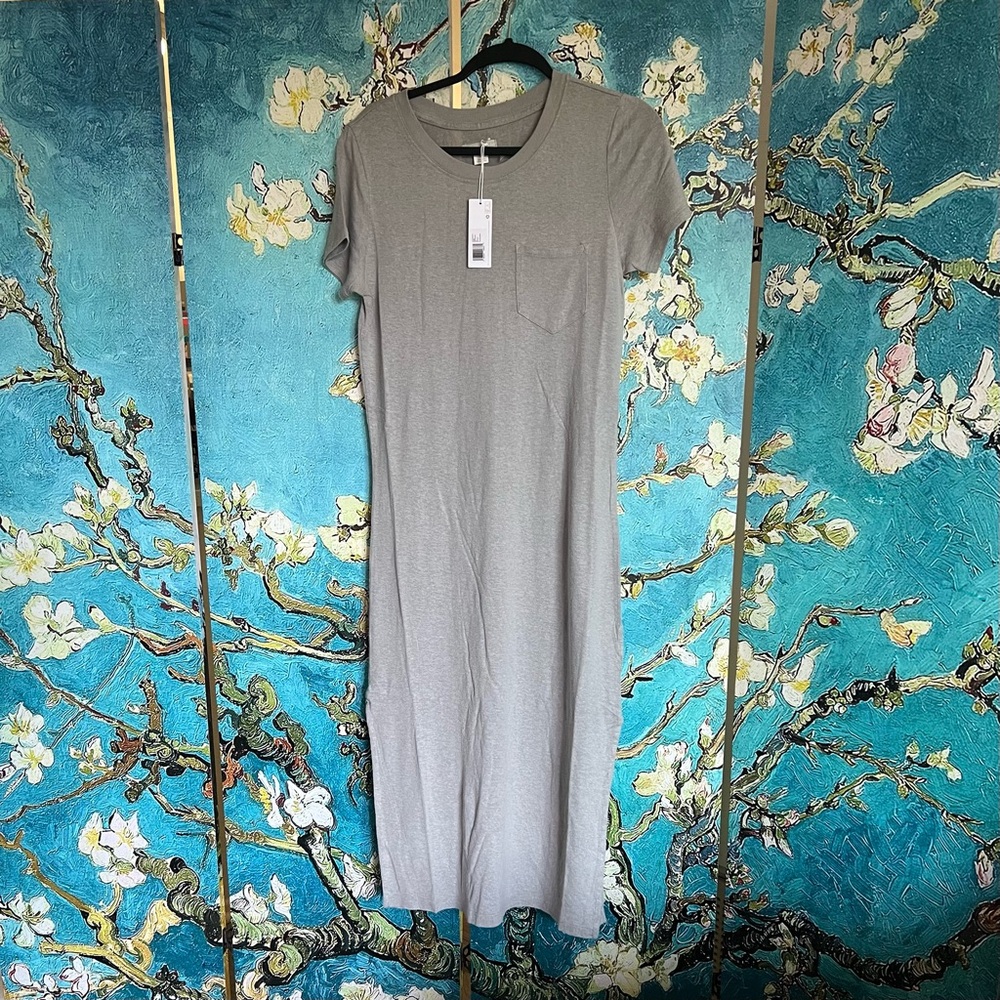 Outerknown Gray Sheath Midi Dress with Flutter Sleeves